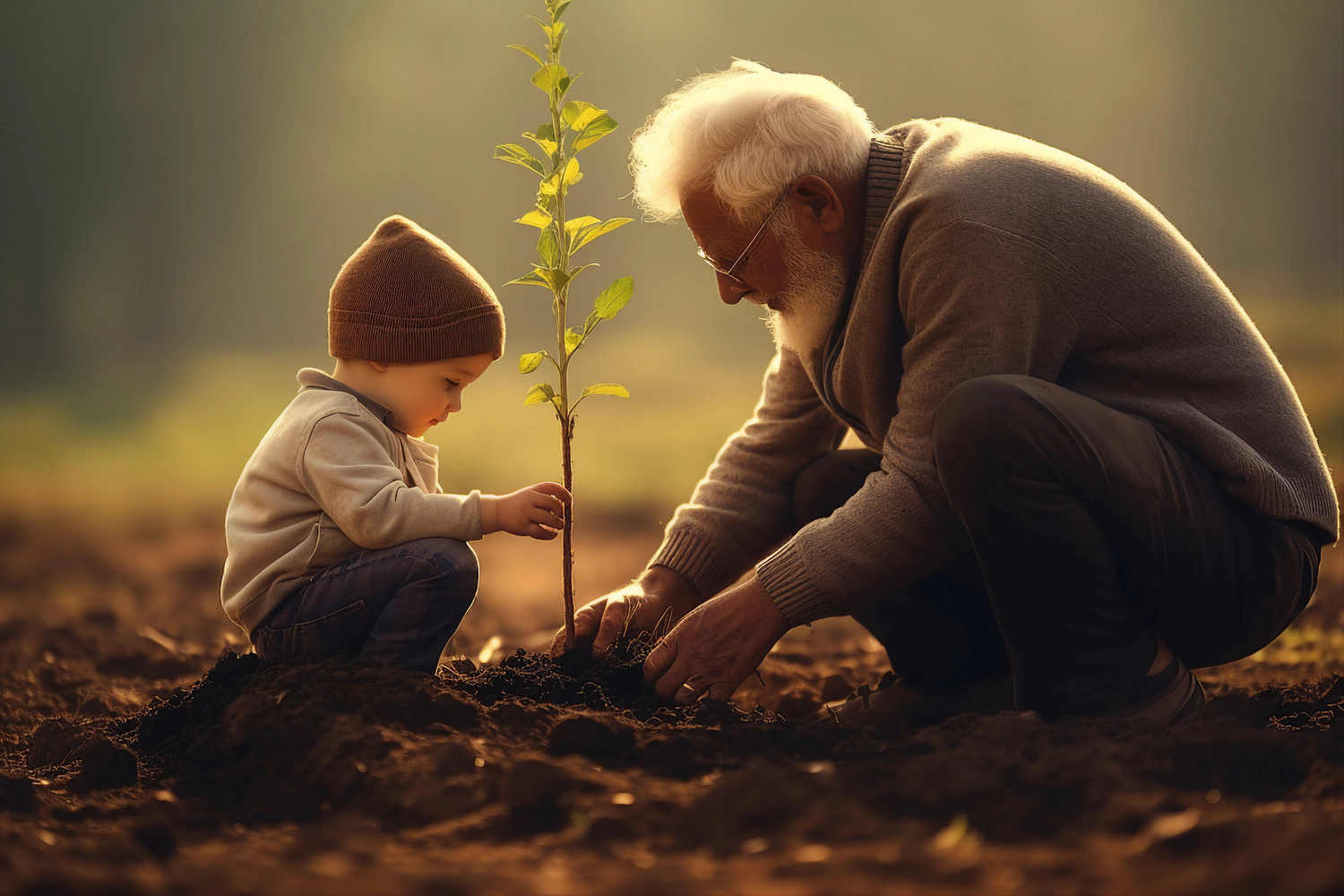 Odenwald - Stiftung Naturschutz - barrierefrei - Alter Mann pflanzt Baum mit Kind Junge