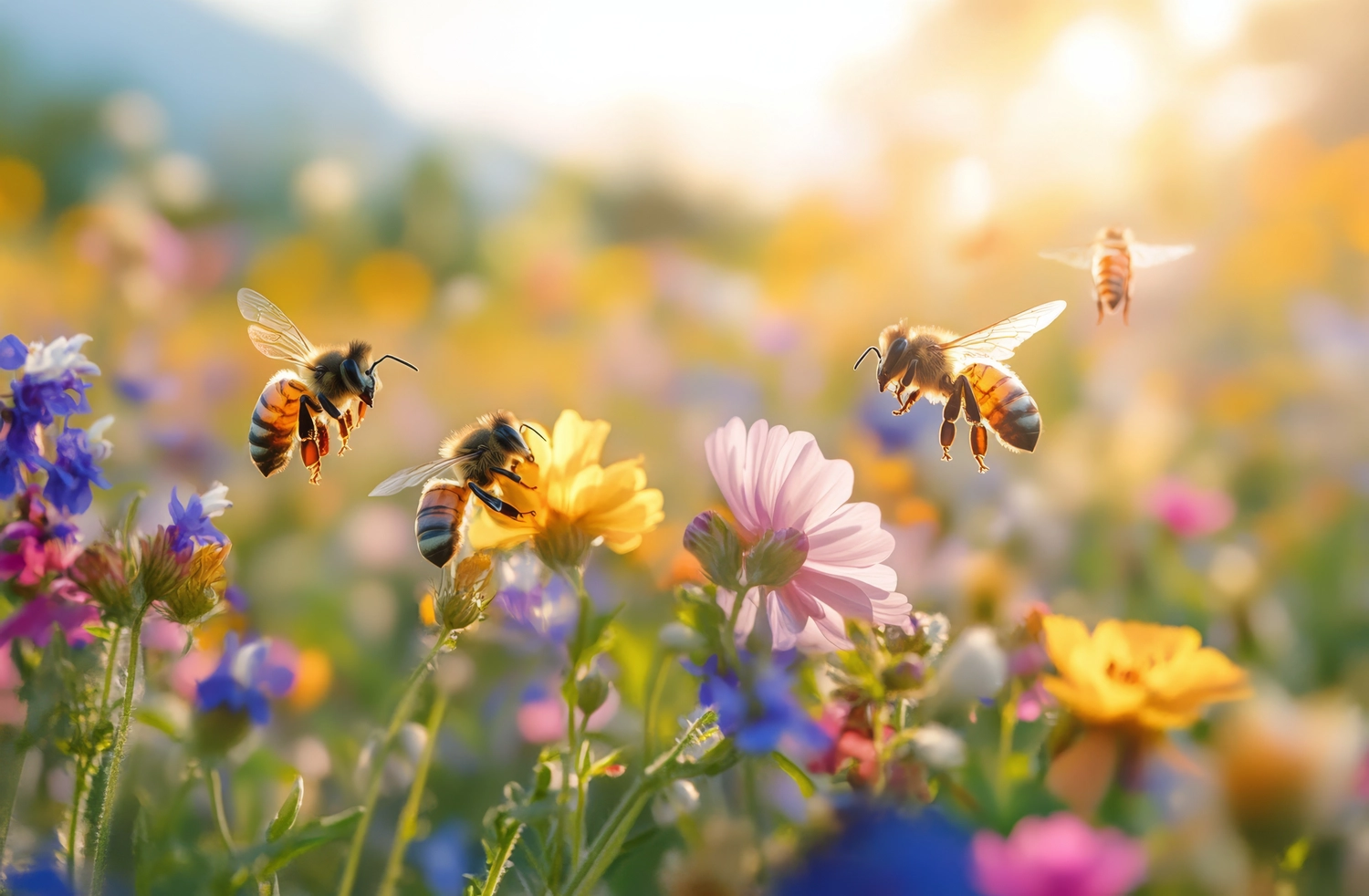 Odenwald - Stiftung Naturschutz - barrierefrei - Bienen bestäuben bunte Blumen auf einer farbenfrohen Sommerwiese bei Sonnenuntergang
