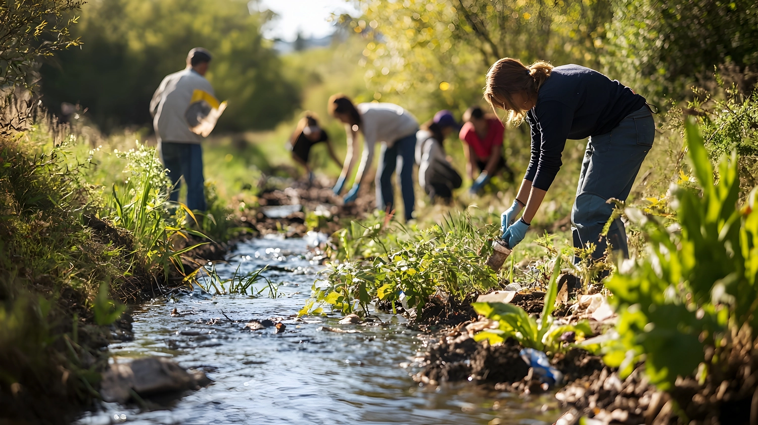 Odenwald - Stiftung Naturschutz - barrierefrei - Freiwillige Helfer der Gemeinde stellen verschmutzten Bach durch Reinigung und Bepflanzung wieder her
