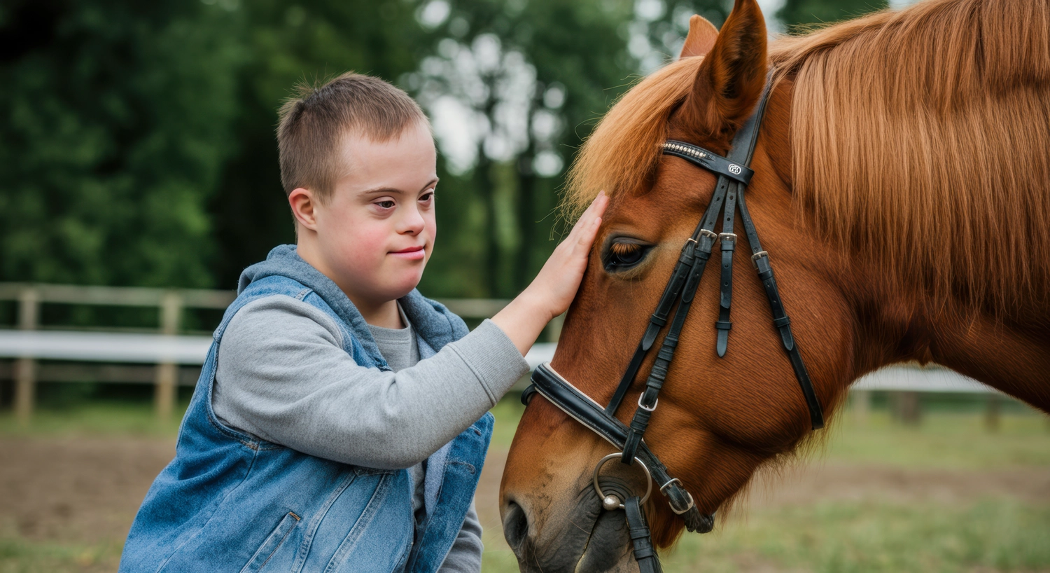 Odenwald - Stiftung Naturschutz - barrierefrei - Teenager mit Down-Syndrom umarmt ihr Pferd