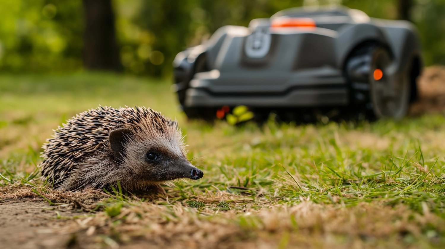 Odenwald - Stiftung Naturschutz - barrierefrei - Igel läuft vorsichtig vor einem Rasenmäherroboter über Gras