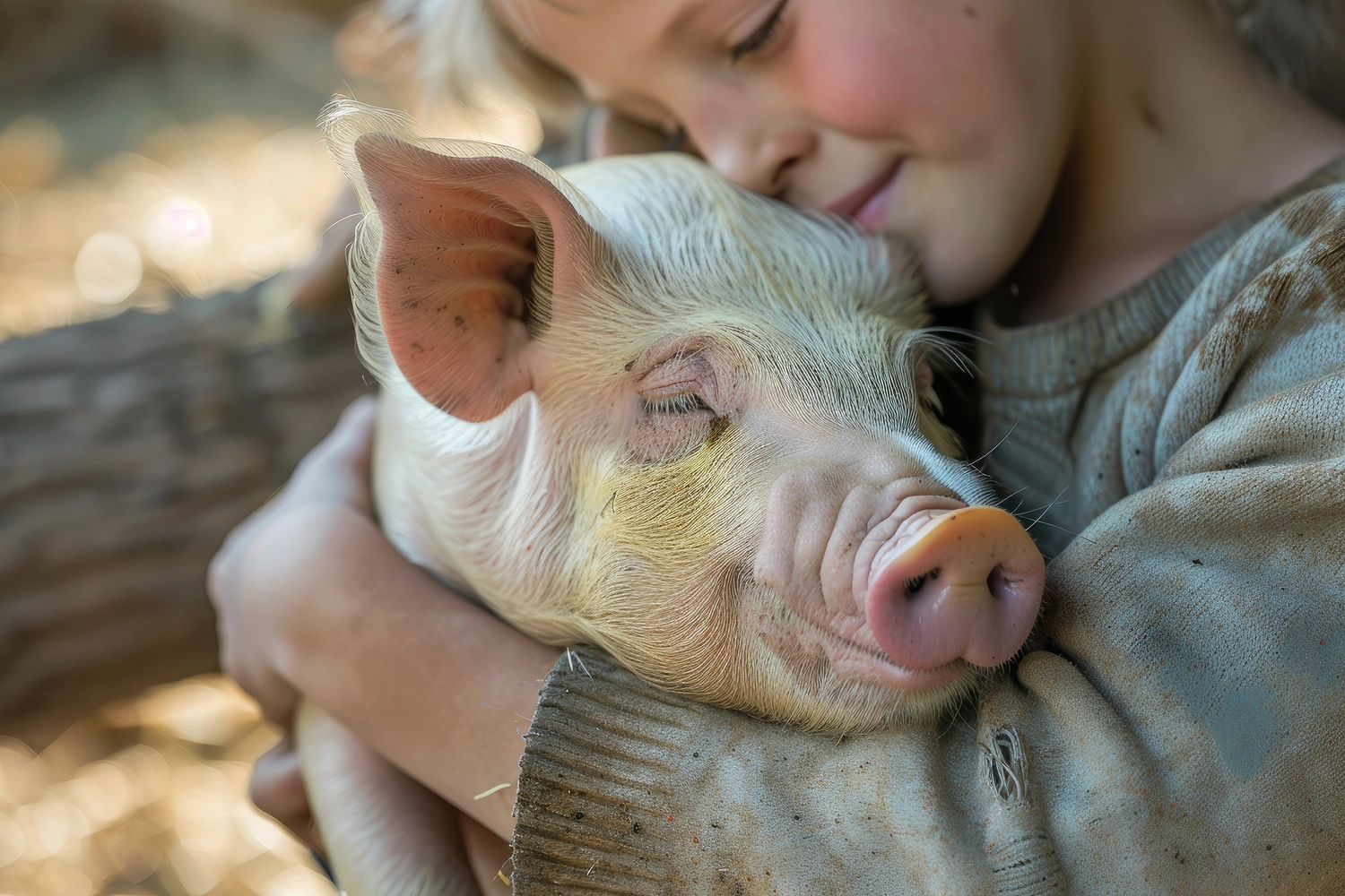 Odenwald - Stiftung Naturschutz - barrierefrei - Besitzer umarmt Hausschwein in sonnendurchflutetem Scheunenhof, herzerwärmende Bindung